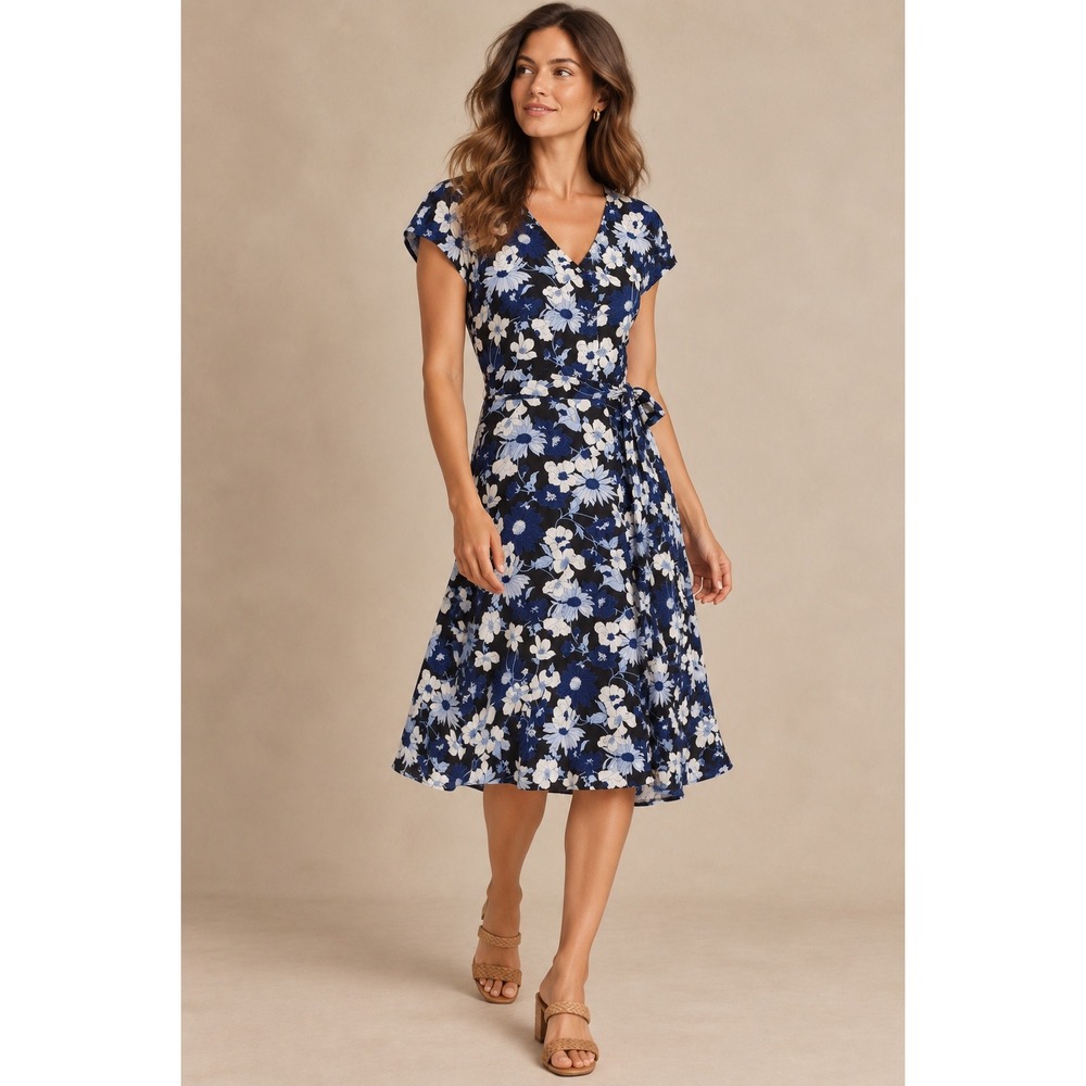 Talbots Petite Floral Fit and Flare Dress Blue White Black Viscose 16P NWT